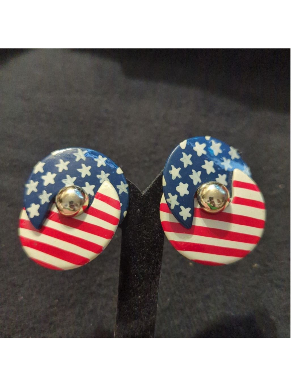 Vintage Red White Blue Oval American Flag Clip On Statement Earrings